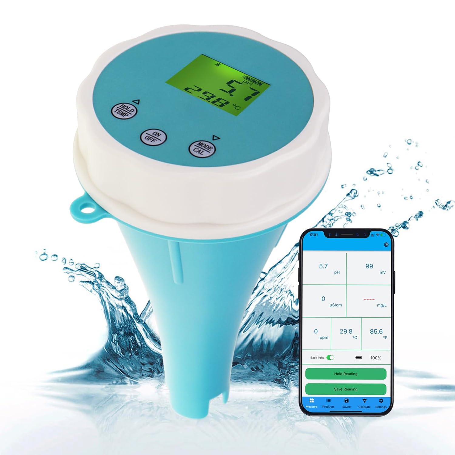 Tester wody, Bluetooth bezprzewodowy basen pływający inteligentny monitor tester wody, EC/zasolenie/pH/ORP/temperatura/chlor miernik, wodoodporny IP67, do ogrodu/basenu/akwarium