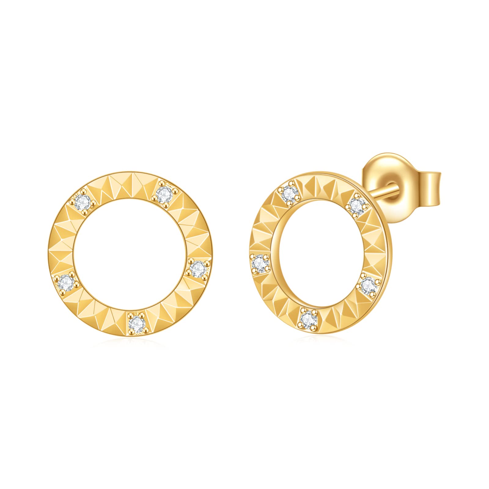 E 14K Gold Plated Round Disc Tiny Dot Stud Earrings for Women Girls, Water Ripples Textured Finished Mini Circle Coin Minimalist Gold Stud Earring