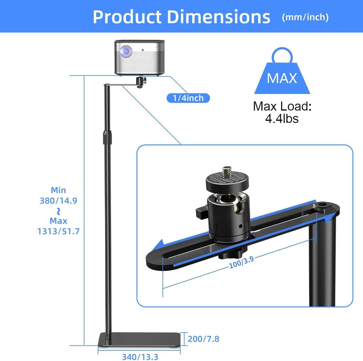 Suptek Supporto 360° proiettore, staffa pavimento nascosta divano, altezza regolabile, compatibile DVR Vlog
