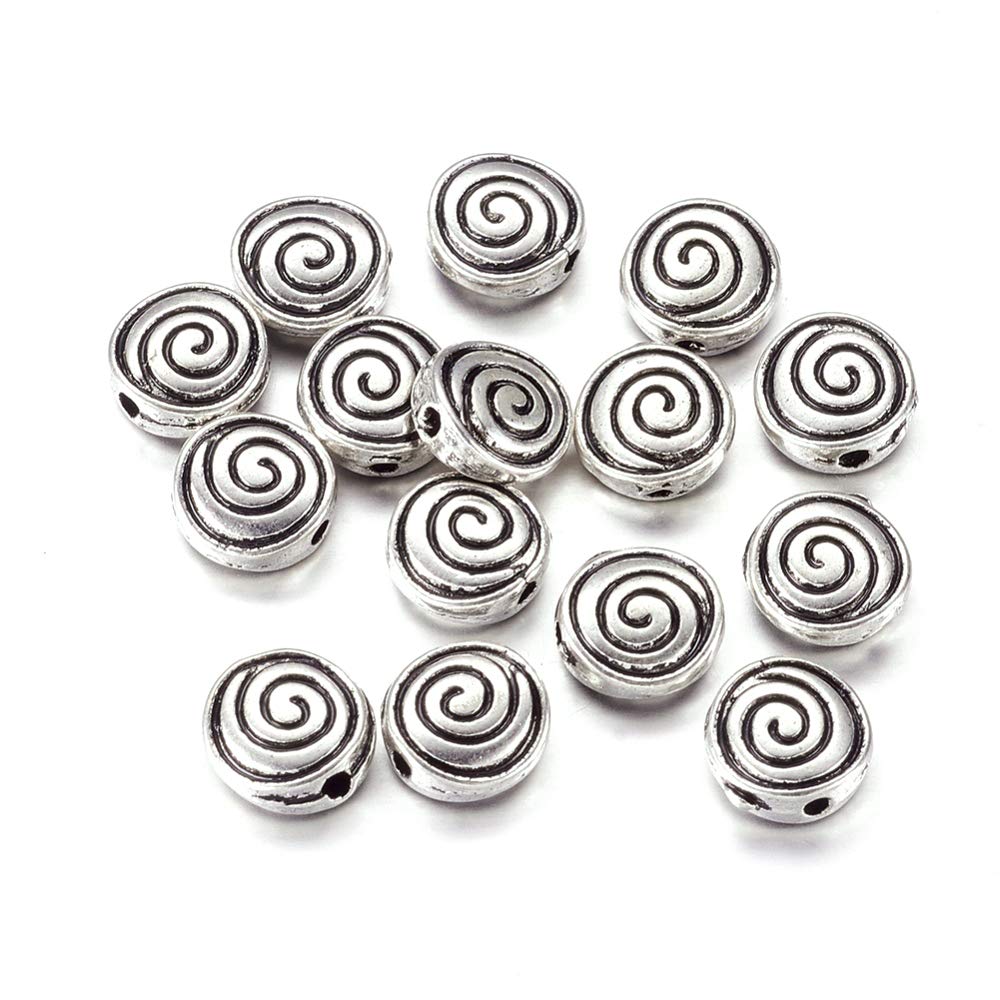 KISSITTY 50-Piece Tibetan Antique Silver Flat Round Spiral Spacer Beads Edge Drilled Double Sided Metal Swirl Beads