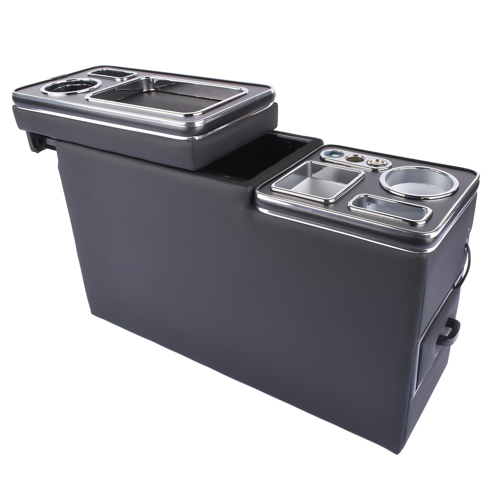 Caja de almacenamiento para la consola central con soporte para teléfono bebidas, puerto USB, encendedor de cigarrillos, luz LED, compatible con Sie-nta Transporter T5 T6