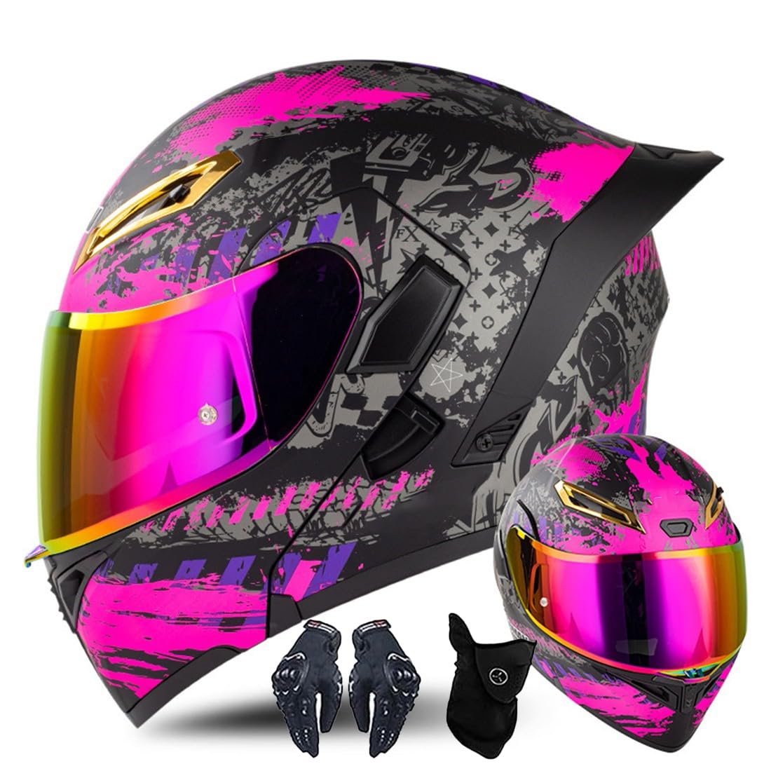 Modular Motorcycle Helmet With Gloves and Face Cover, Flip Up Double Visor, ECE Approved for Men and Women