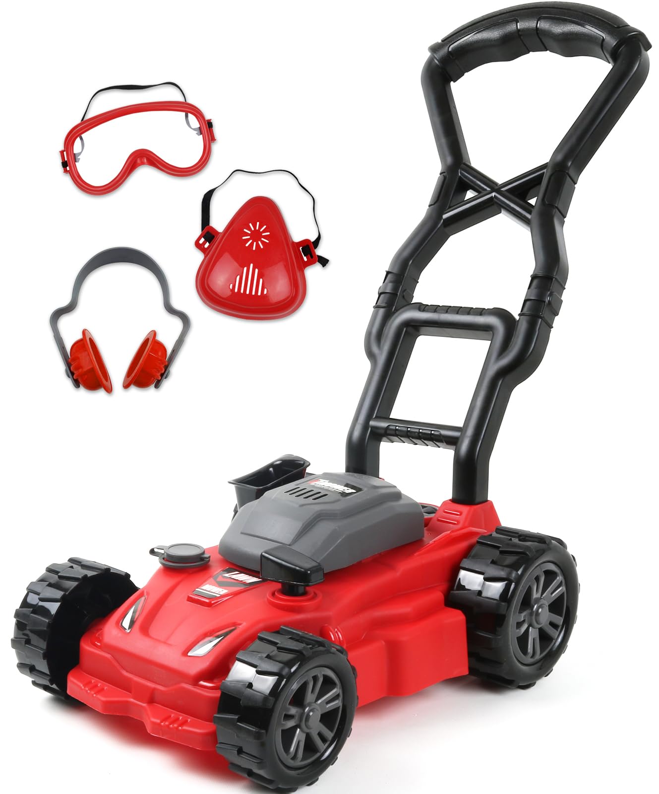 TeganPlay Kids Lawn Mower | Toddler Landscaping Gardening Tools and Equipment | Includes Mask Safety Goggles and Earmuffs