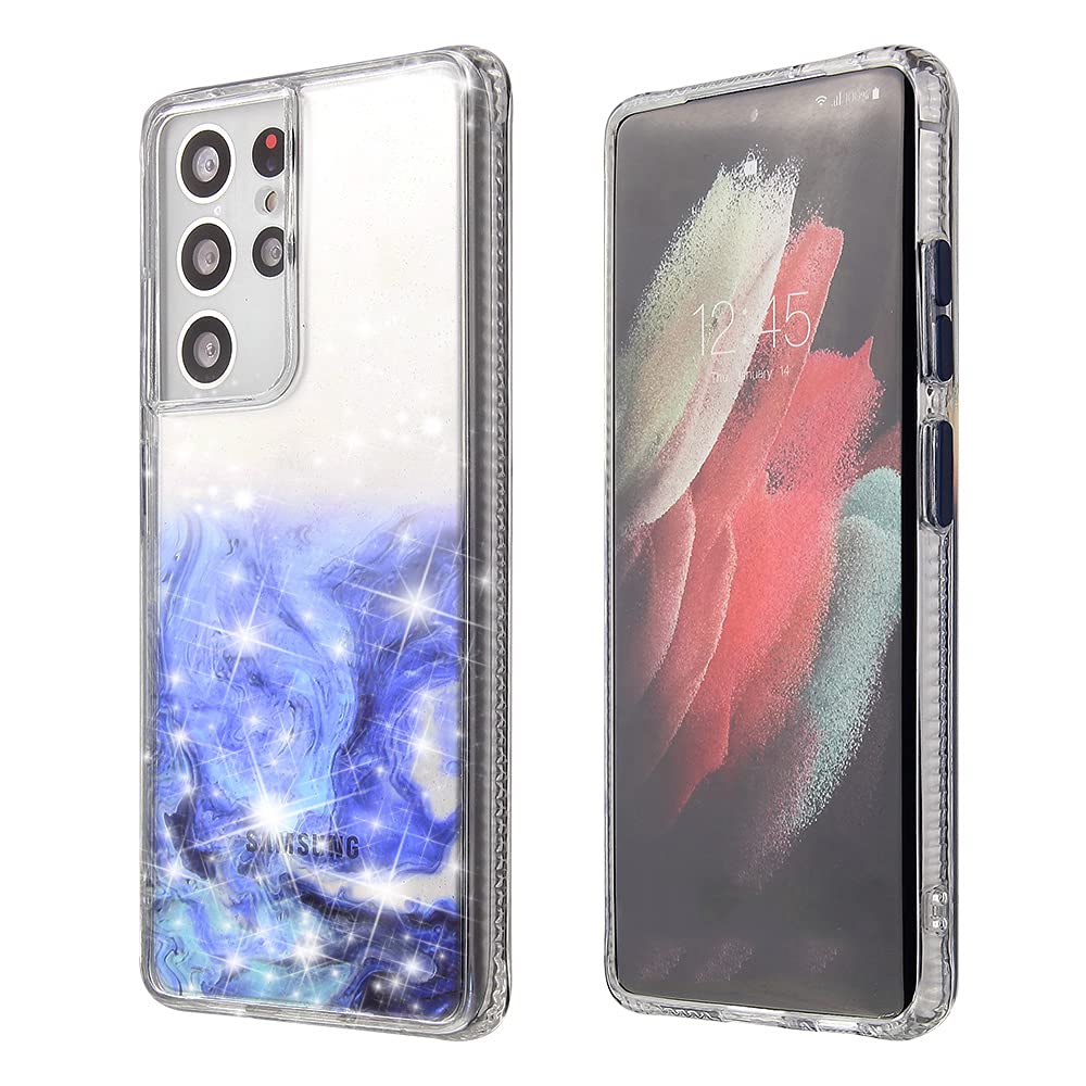 FfishCase for Samsung Galaxy A72, Crystal Clear Glitter Flow Bling Sparkle Slim Cover Protective for Girls Women + Stand - Dark Blue