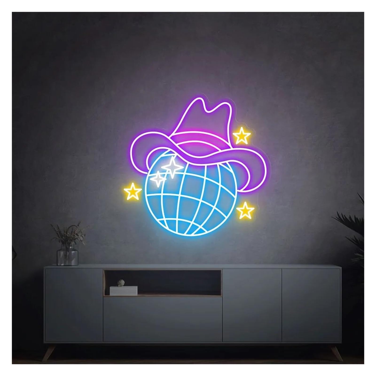 LEMST Signs Lamp Retro Disco Ball Neon Signs USB Powered, Adjustable Brightness Neon Lights Cowboy Hat Suitable for Shop Decor Commercial Light(E,50cmx50cm)