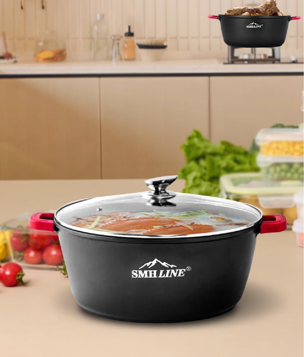 SMHLINE® - Set di pentole in alluminio pressofuso per induzione, diametro da 24 a 32 cm, con coperchio in vetro, antiaderenti, adatte per tutti i tipi di fornelli (set di pentole con utensile da