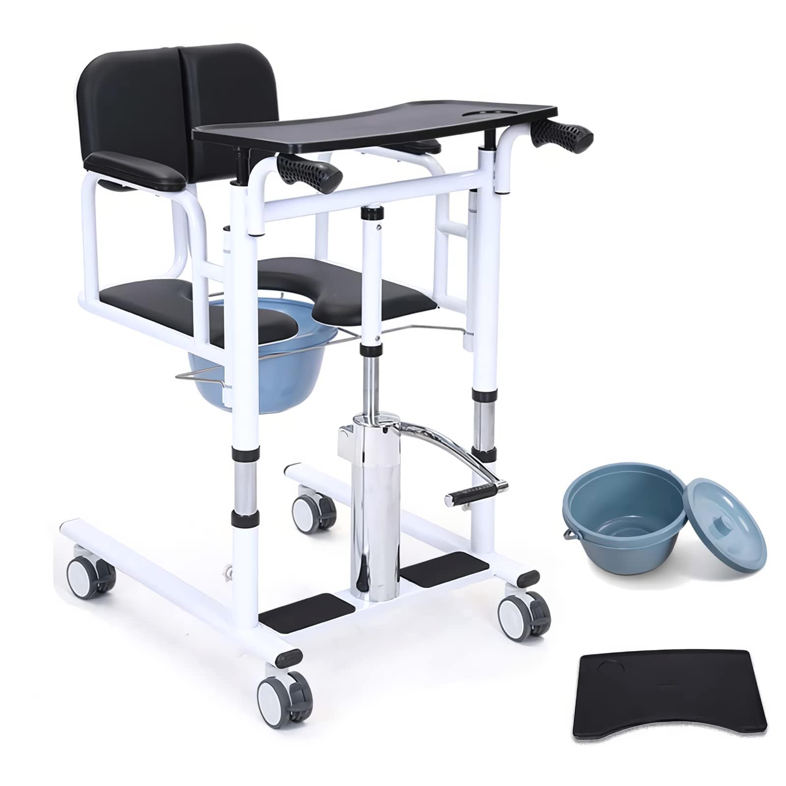 Hydrauliczny podnośnik pacjenta – fotel transferowy 5 w 1 z dzielonym siedzeniem 180°, nocnikiem i stołem tacowym, nośność do 150 kg, idealny do opieki nad osobami starszymi i bezpiecznego transferu