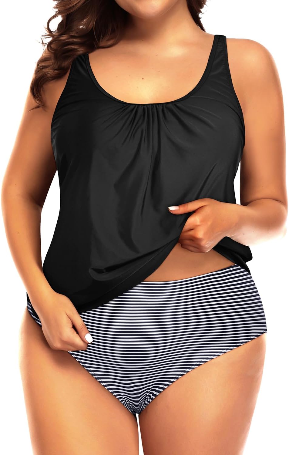 Yonique Plus Size Two Piece Swimsuit for Women Blouson Tankini Tummy Control Bathing Suit