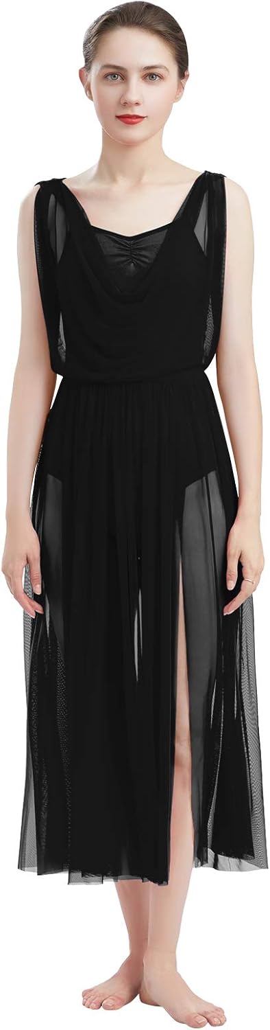 ODASDO Women Lyrical Modern Contemporary Dance Costume Leotard V-Neck Backless Split Tulle Skirt Flowy Overlay Dress - Image 5