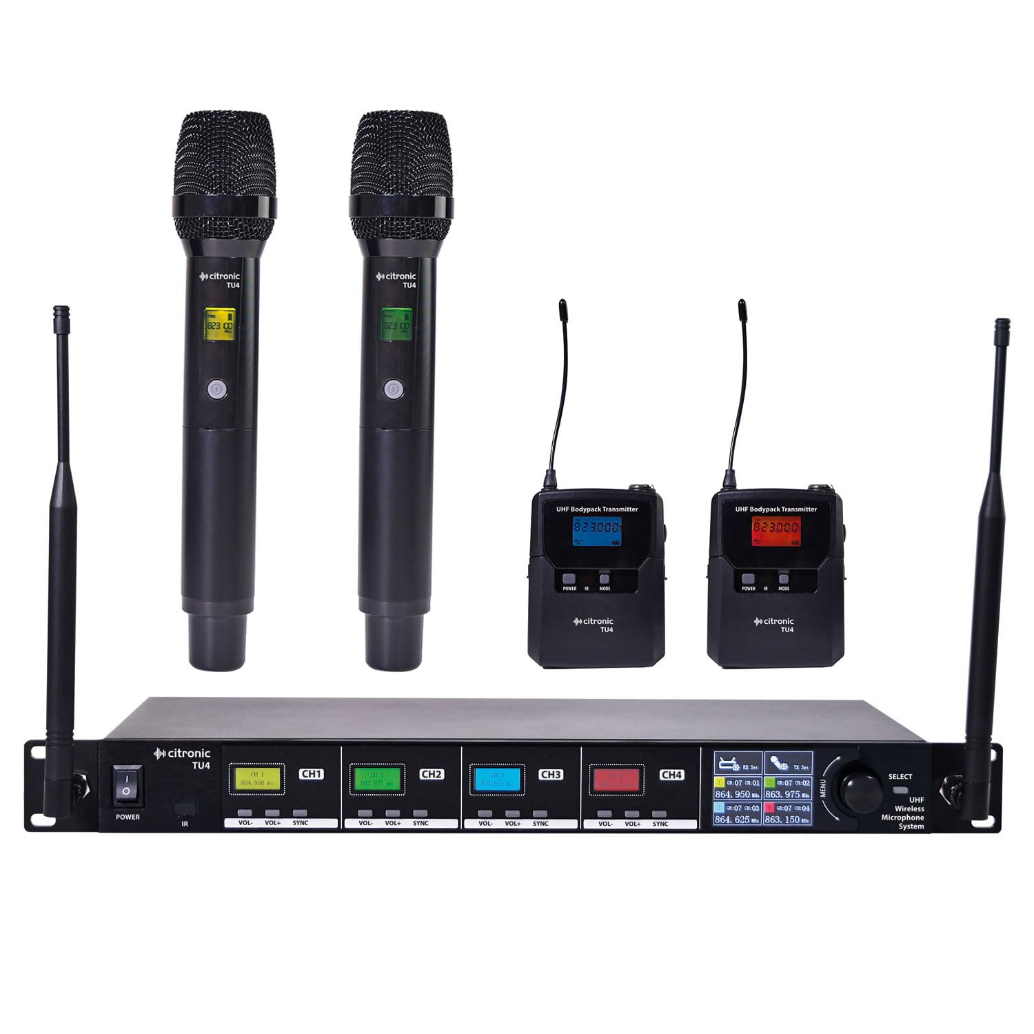 Citronic | TU4 Quad UHF Wireless Microphone System PLL Tuneable – 2 Handheld Mics + 2 Bodypack Headset & Lavalier Set for Karaoke, Stage, PA, Singing & Events