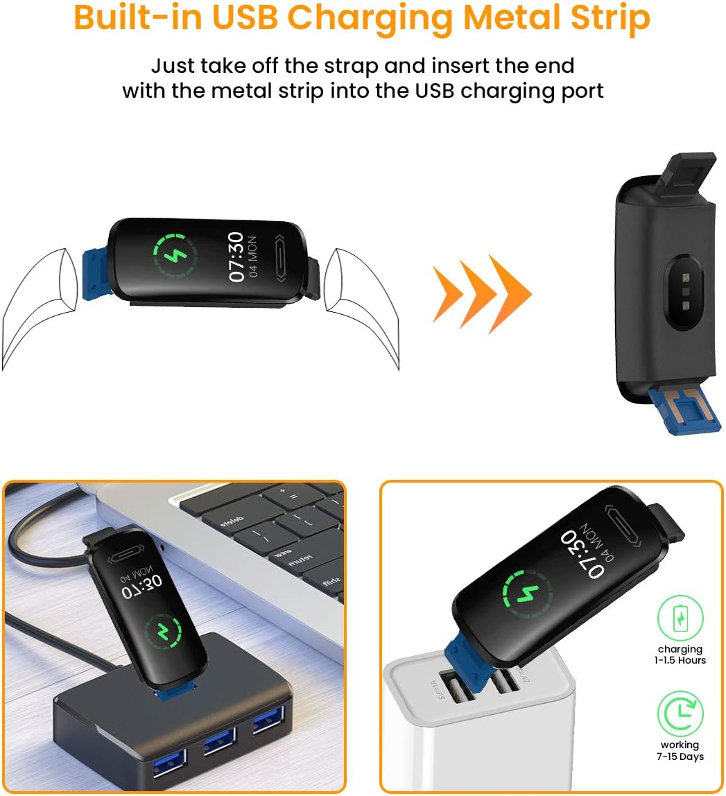 Diagram showing how to charge the CanMixs Smartwatch V101 by detaching the strap and plugging the built-in USB metal strip into a USB port.