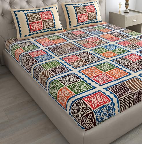 Image of JAIPUR PRINTS 100% Cotton Bedsheet for Double Size Bed with 2 Pillow Covers Rajasthani Jaipuri Printed 90x100 inch 235x215 cm (Blue)