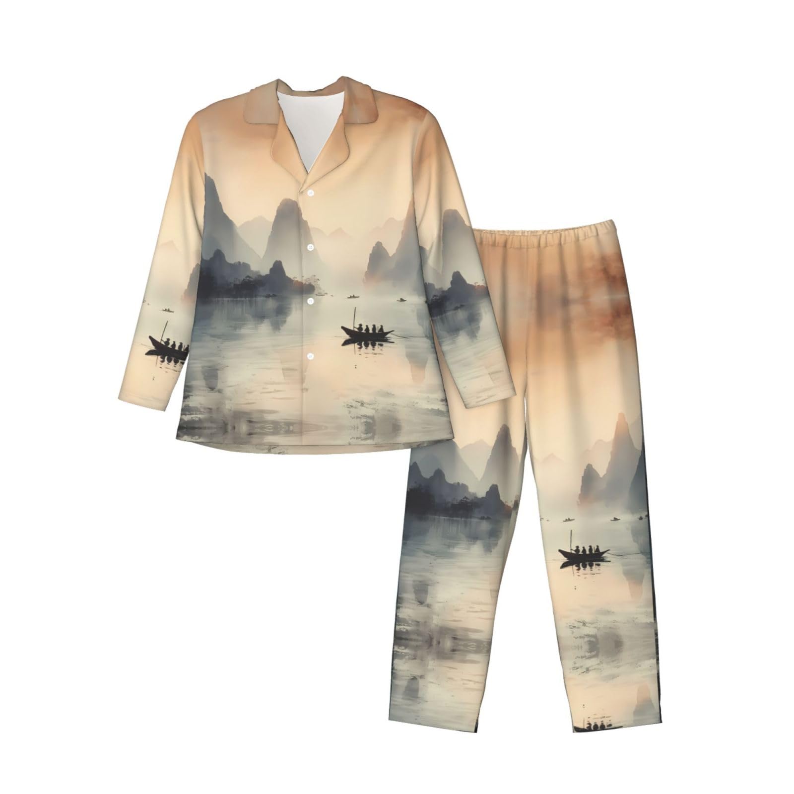 Guilin landscapes Men's printed soft long sleeve pajama set, casual loungewear