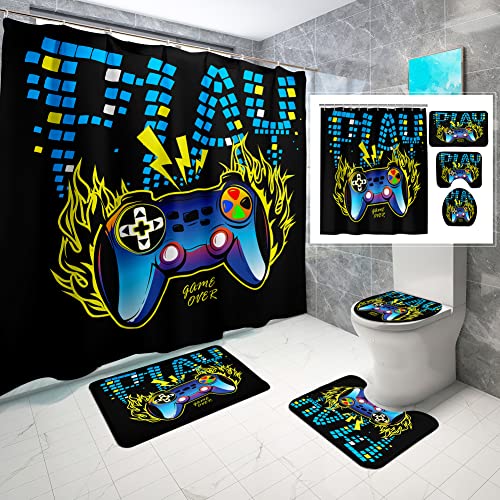 Kodhyvj 4 Pcs Gaming Shower Curtain Set For Bathroom, Boys Gamer Bath Curtain For Kids Teens, Gamepad Controller Curtains With Rugs Bathroom Decor, Video Games Curtain Waterproof Fabric With Hooks #TOP17