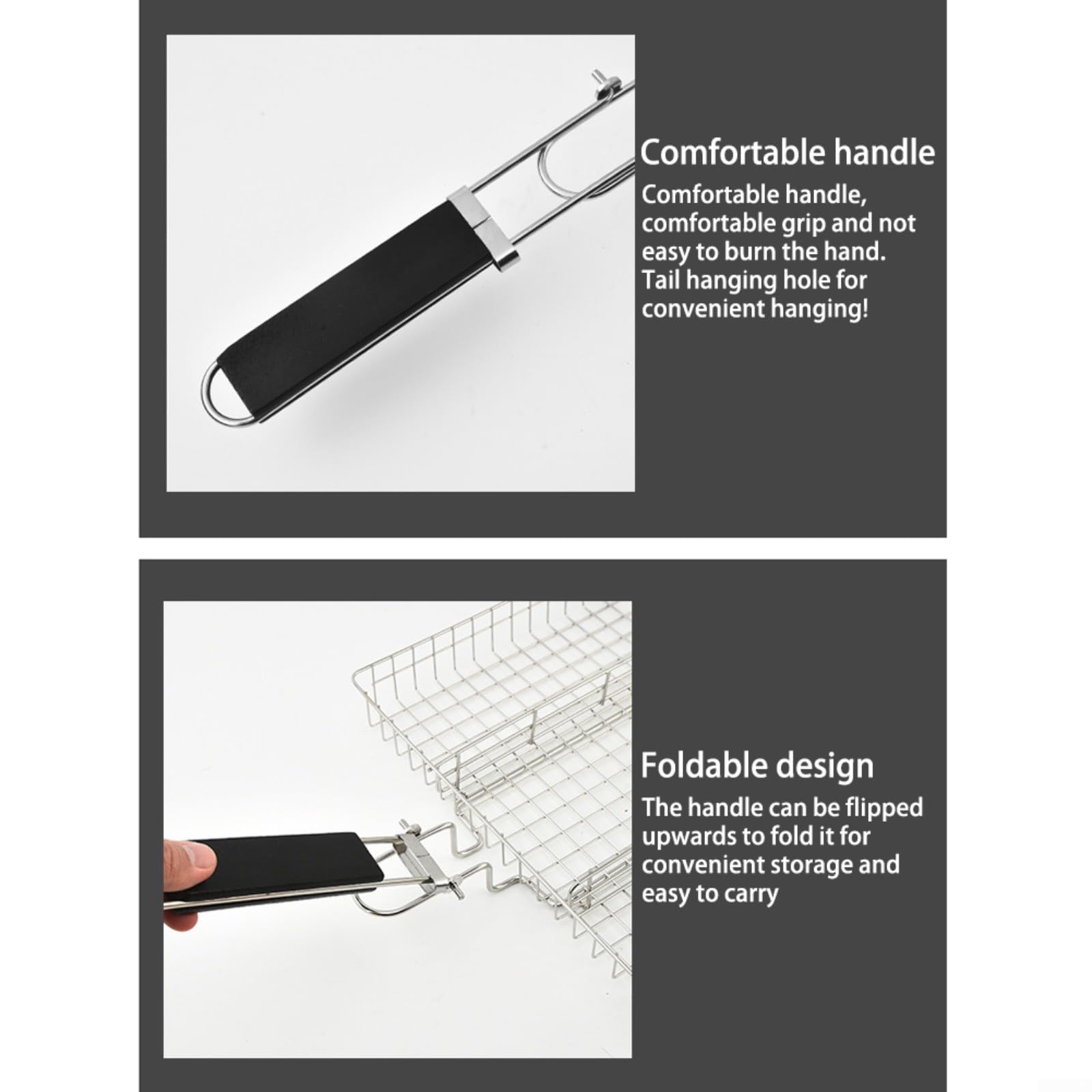 Cestino pieghevole per barbecue in acciaio inox di alta qualità, con manico, 50,5 x 31 x 4 cm, ideale per grigliare pesce, carne e verdure, utensile da cucina portatile, lavabile in lavastoviglie