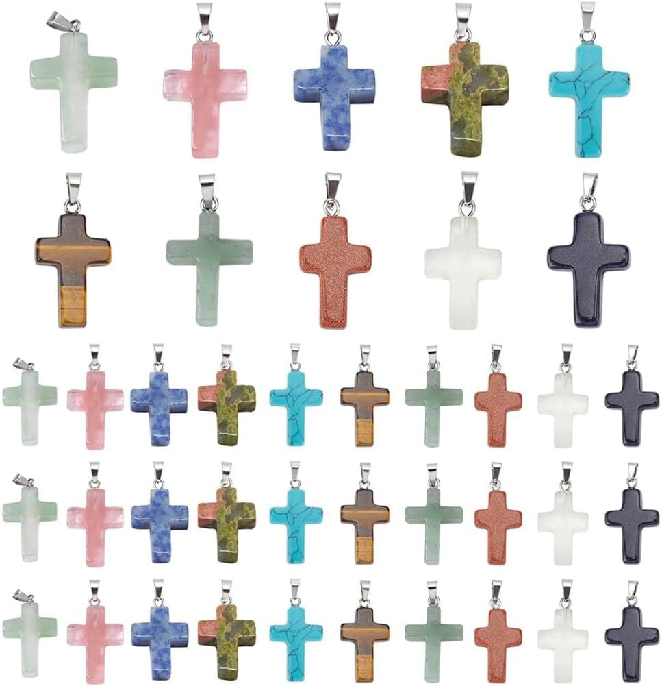 PH PandaHall 50pcs Stone Cross Charms 10 Color Easter Gemstone Pendants Cross Quartz Crystal Chakra Charms for Valentine Eid Mubarak Ramadan Decoration Necklace Earring Bracelet Jewelry Making