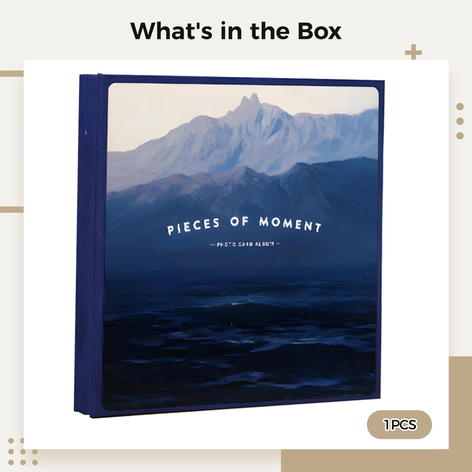 1 álbum de fotos encuadernado en cuero, gran capacidad de 60 páginas, ventana de visualización personalizable, diseño "PIECES OF MOMENT", elegante azul oscuro, para fotos de 5 x 7 y 6 x 8, para