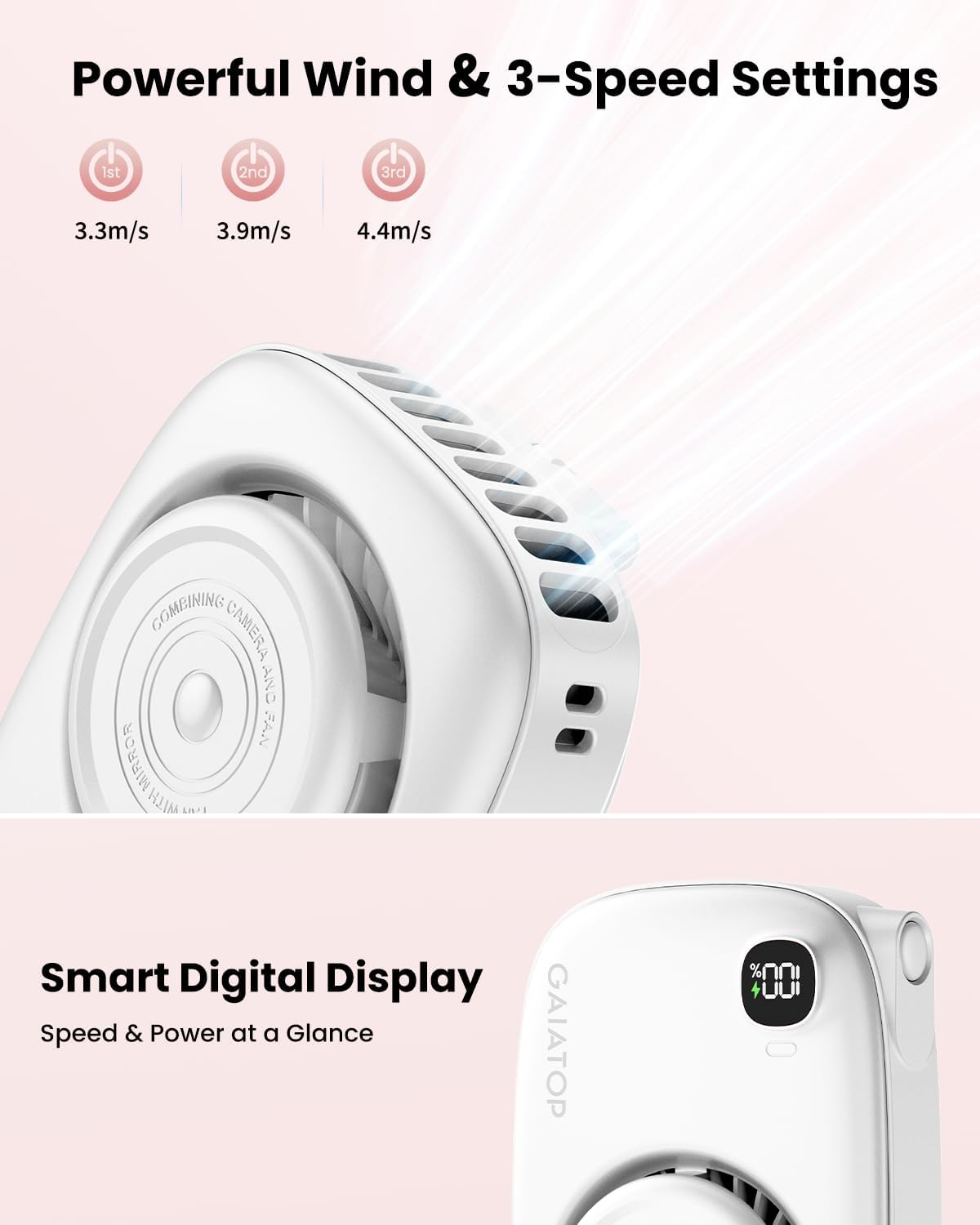 Gaiatop Mini Neck Fan, Rechargeable Handheld Desk Use, LED Power Display 3 Speed 360°Rotate Mirror for Lash Makeup, Cute Camera Design Small Portable USB Fans Personal Cooling Travel Essentials - Image 6