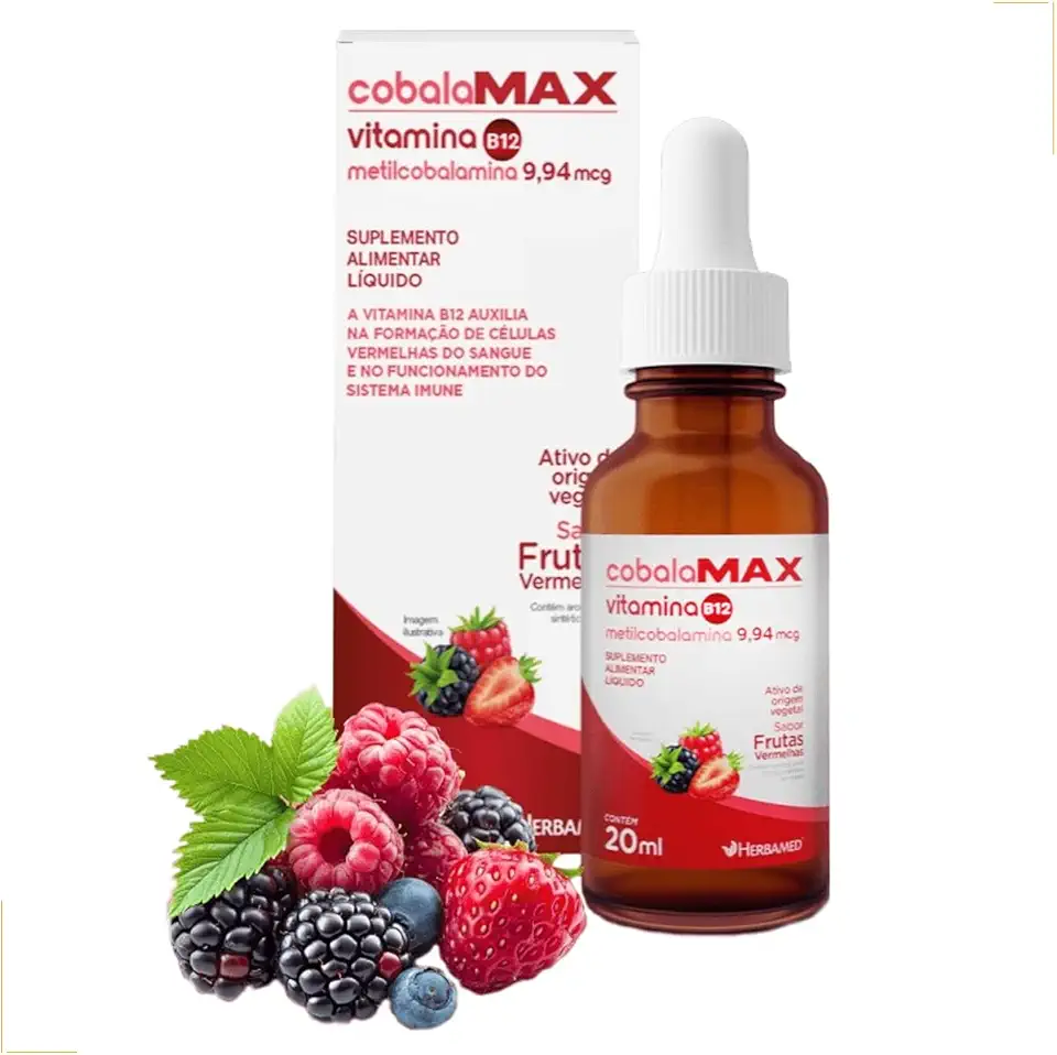 Vitamina B12 Metilcobalamina Ativa Gotas Sublingual - 400 Doses - CobalaMAX - 1 Gota por Dia - Herbamed 20ml - Frutas Vermelhas - B12 Sublingual Gotas Forma Ativa