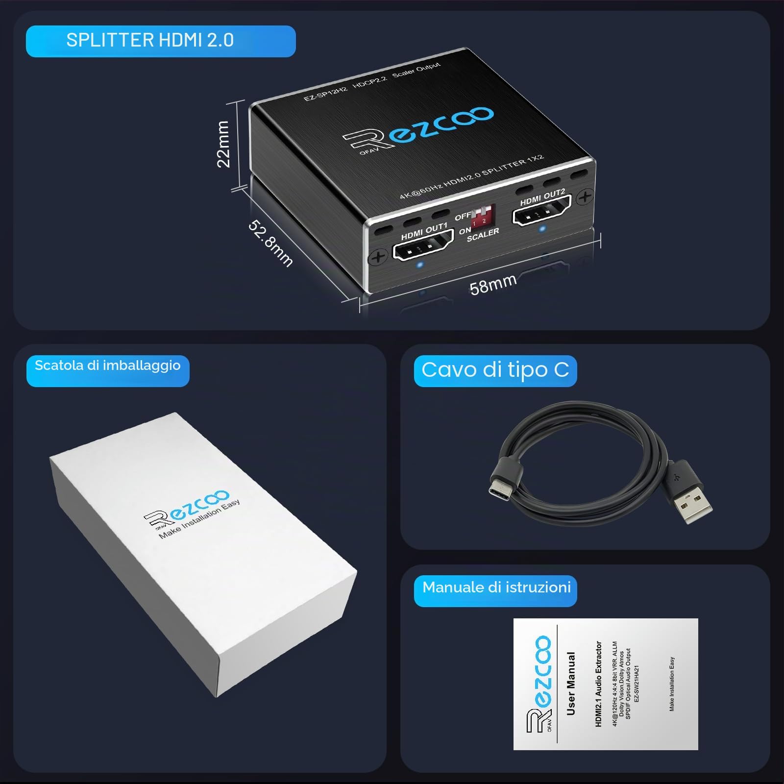Splitter HDMI 4K 60Hz 1x2 1080P 120Hz HDCP HDR 18Gbps UHD Dolby Vision Atmos EDID Scaler 4K 1080P per Doppio Monitor HDMI 2.0 1 ingresso 2 uscite per PS5, SkyQ, Xbox, Fire Stick, BluRay, Apple TV
