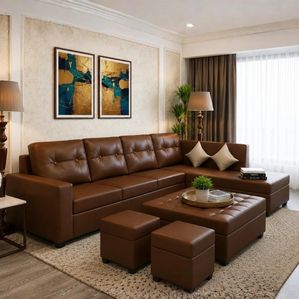 Torque Austin 8 Seater L Shape Leatherette Sofa -Brown-RHS | L Shaped 8 Seater Sofa with Centre Table Puffies | Corner Sectional Sofa Couch with Chaise Lounge for Living Room-picture-10
