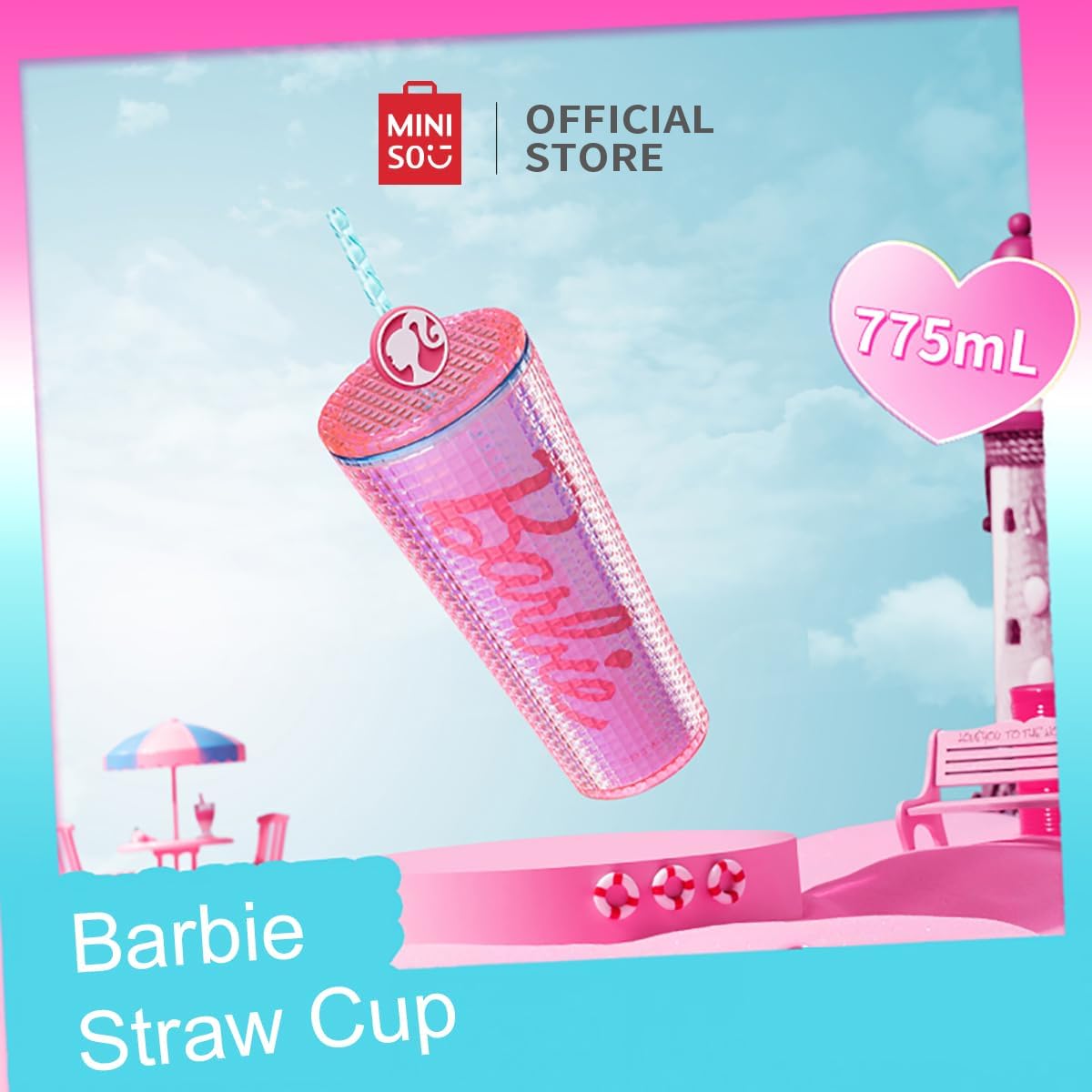 MINISO Barbie Travel Tumbler 26 oz Studded Cup with Lid and Straw Vacuum Insulated Water Bottle Holder Compatible BPA-Free Fashionable Plastic Cup for girls and kids| Car School Home Party Pink - Image 3
