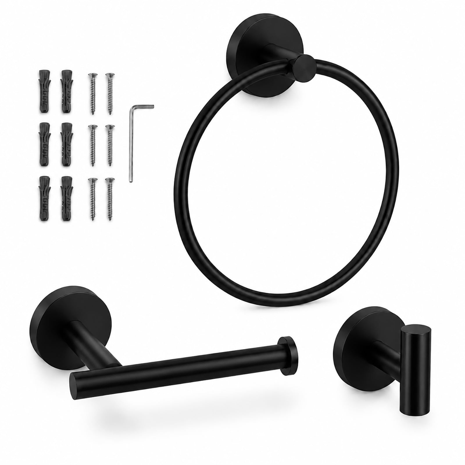 Matte Black Bathroom Hardware Set - Towel Ring, Toilet Paper Holder, and Robe Hook – Modern, Wall-Mounted Design for Everyday Use