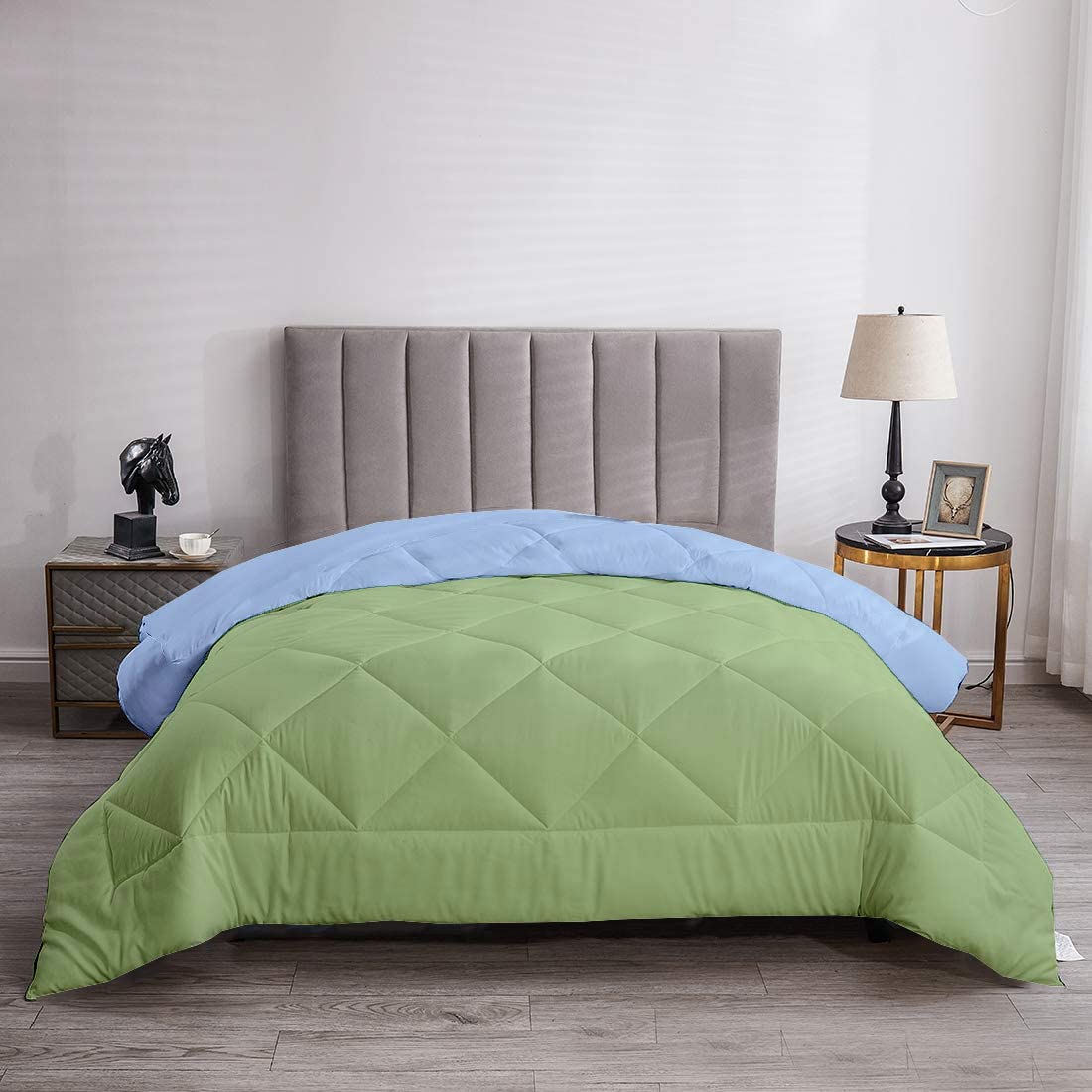 150 GSM Microfiber All-Weather Solid Double Size Bed Reversible Comforter, 150 GSM Quilted Microfiber Machine Washable Bed Comforter with Corner Sky Blue and sage