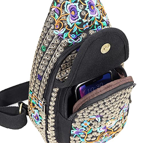 Image of SILKAREA Vintage Embroidered Bohemian Small Sling Bag for Women Crossbody Rope Sling Backpack Purse Shoulder Bag