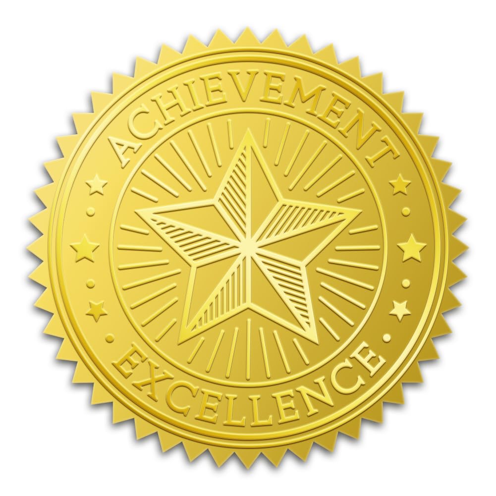 WADORN 100 pz Adesivi In Lamina D'Oro per L'Eccellenza Dei Risultati, 5cm Stelle Premio D'Oro Sigilli In Rilievo Etichette Autoadesive Rotonde per Certificati Fai Da Te Diplomi Buste Laurea Forniture