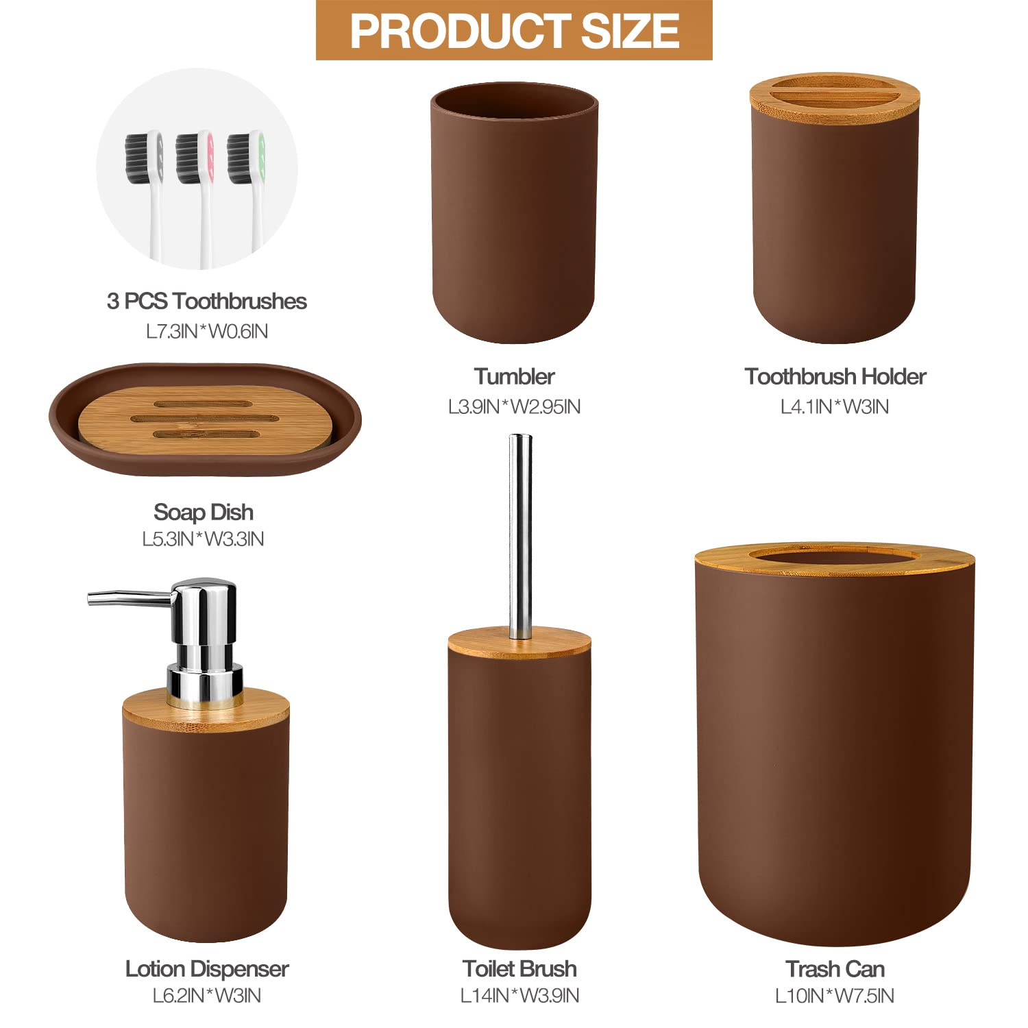 Set di accessori da bagno in bambù e plastica, 7 pezzi, include tazza per spazzolino, portaspazzolino, dispenser di sapone, portasapone, scopino per WC con supporto, bidone della spazzatura, con 3