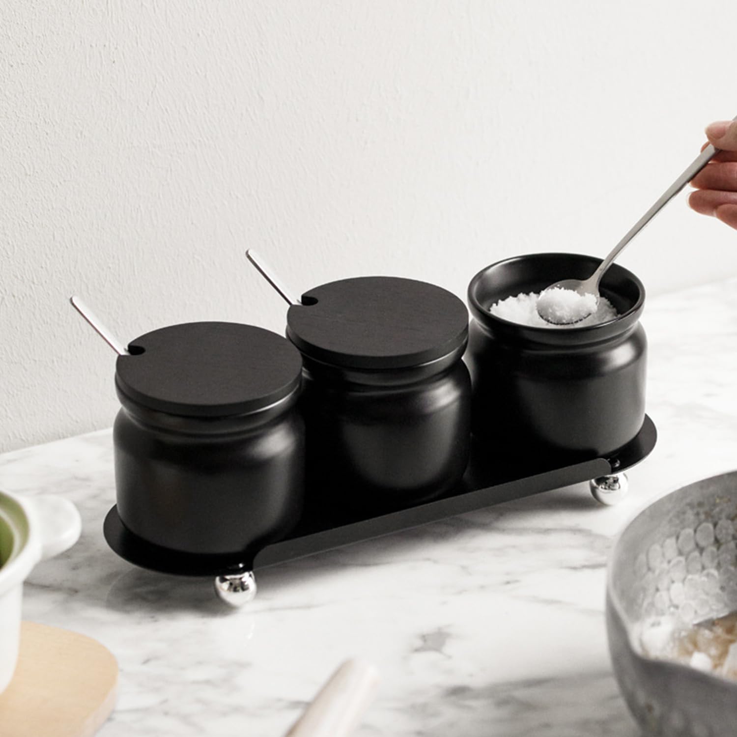 Juego de 3 azucareros, azucarero con tapa y cuchara, recipiente para azúcar, azucarero, azucarera (negro, A)