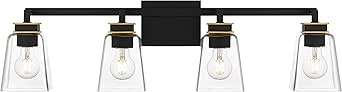 Quoizel Almany Bath Vanity Lights, 32 Inch 4-Light Matte Black Bathroom Lighting Fixtures Over Mirror, Clear Glass Shades with Gold Accents, Modern Wall Mount Light for Bathrooms, Dresser or Sink