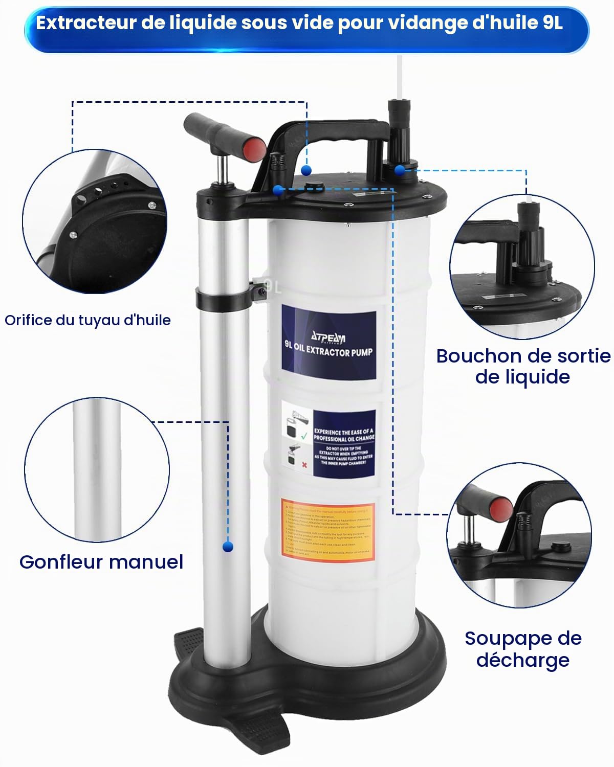 ATPEAM Pompe Manuelle Vidange Huile Moteur 9L, Extracteur à Vide pour Vidange de Liquides Voiture, Moto, Camion