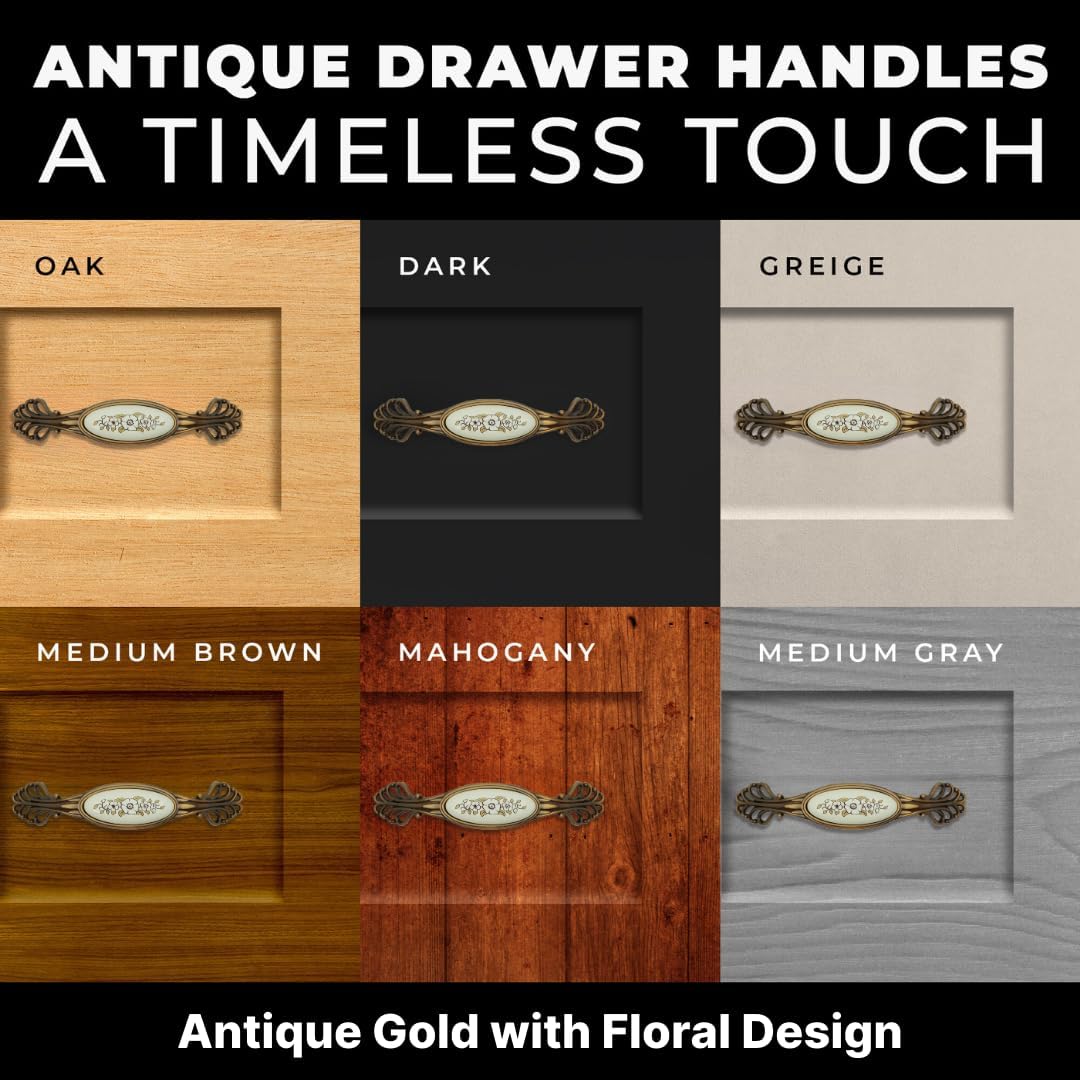 10 pcs Antique Gold Cabinet Handles with Floral Design and 5 inch Hole Centers for Cabinets, Drawers, Dressers, Vanities, Closets