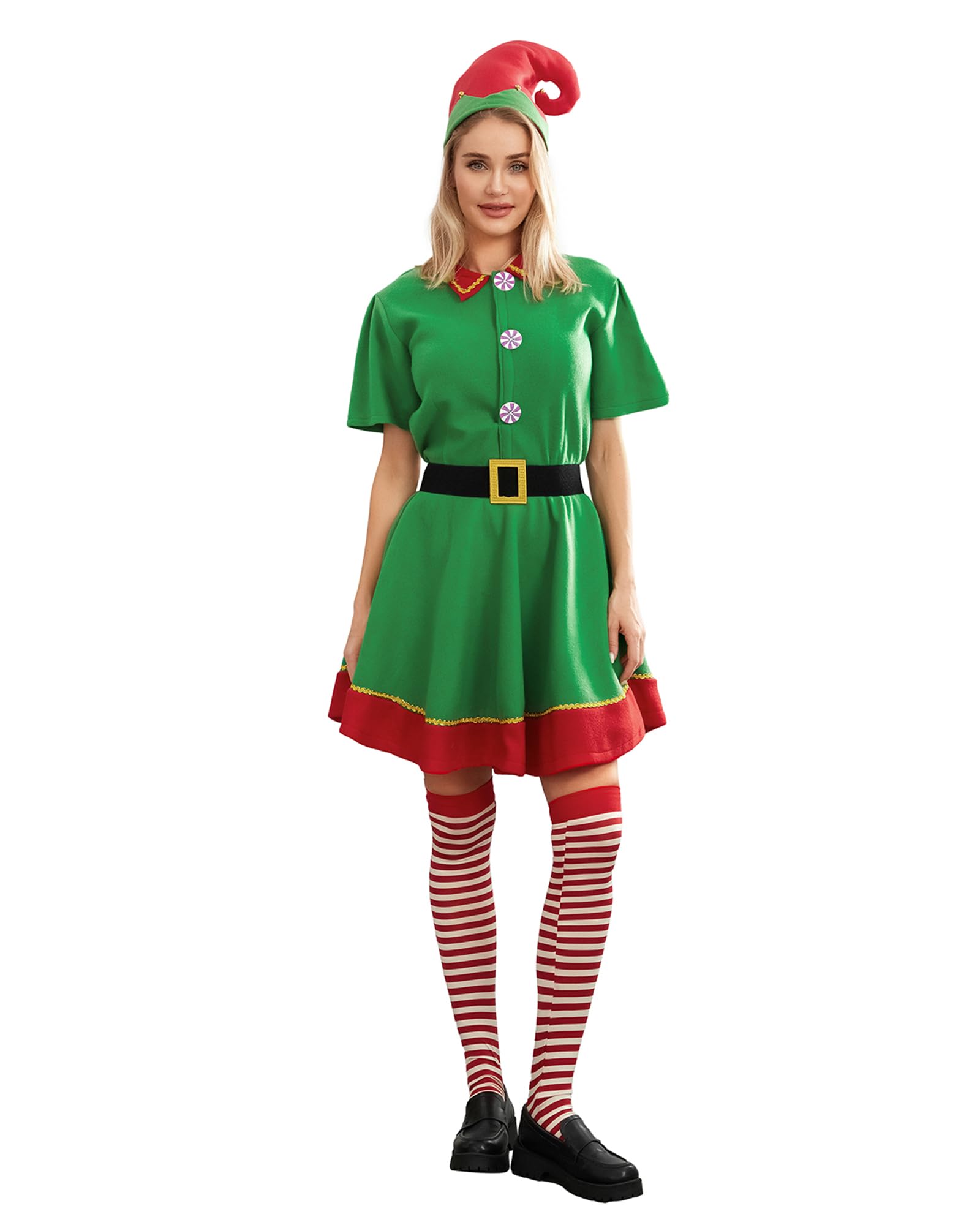 Yoisdtxc Christmas Elf Costume for Parents and Child, Toddler Santa Costume, Short Sleeve Dress Pants with Hat, Belt and Socks (Women, L)