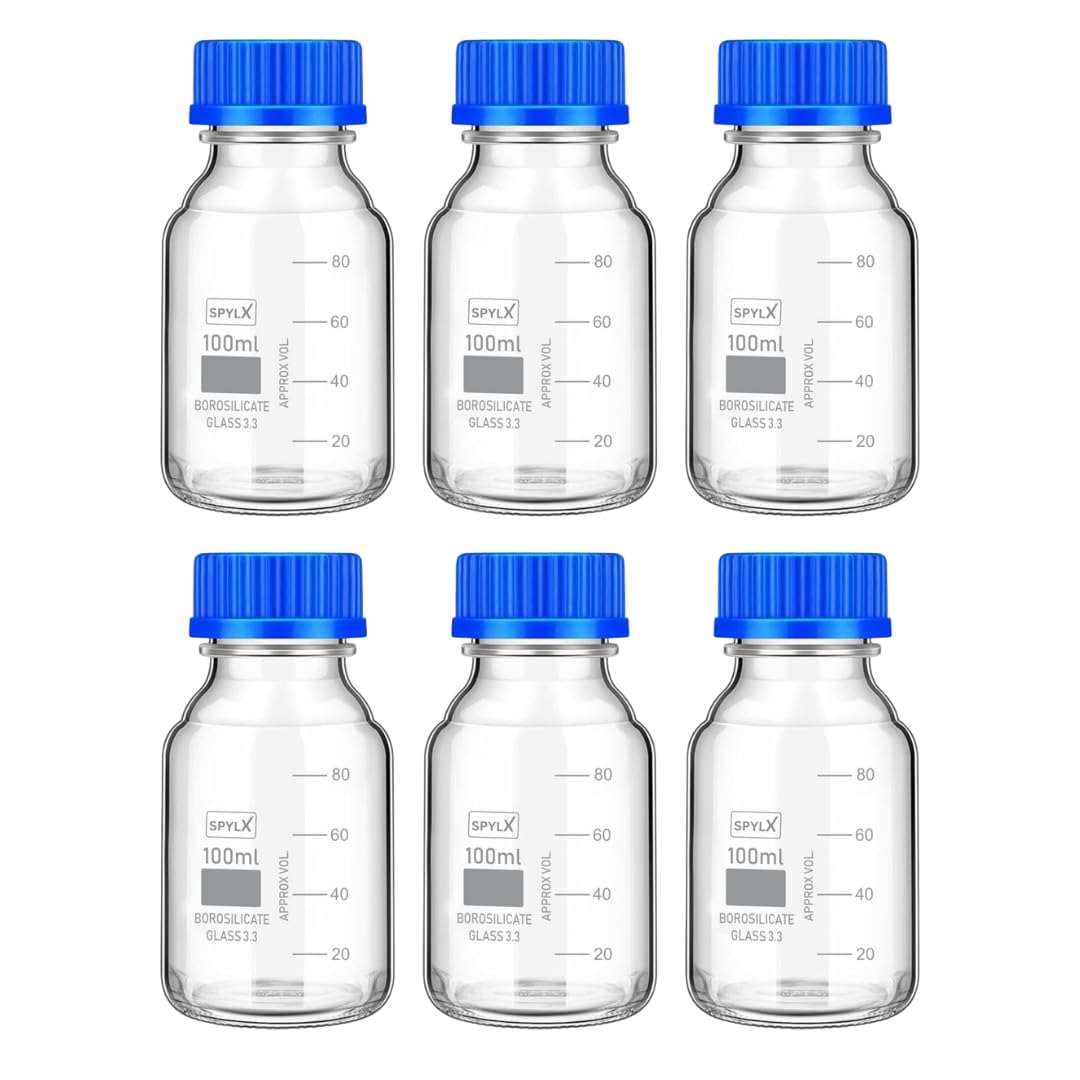SPYLX Borosilicate Glass reagent bottle 100ml with leak proof Blue Screw Cap pack of 6 for glassware wide mouth chemical bottles for lab, laboratory, kitchen and professional use-image-33