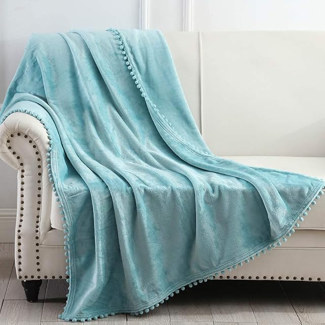 NordECO HOME Flannel Throw Blanket - Soft Cozy Warm Blanket with Pompom Fringe for Couch Bed Sofa Chair, 127x152cm, Teal Blue