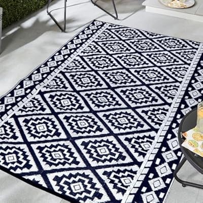 GEUOYEE Reversible Mats - 5' x 8' Outdoor Rug, Plastic Straw Rug, Modern Area Rugs, Large Floor Mat for Outdoors, RV, Garden, Patio, Backyard, Deck, Picnic, Beach, Camping, Blue & White