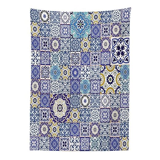 Yeuss Mantel Azul Rich Collection de Azulejos Marroquíes Antiguos, Patrón de Patchwork, Estilo Oriental árabe, Comedor, Cocina, Mesa Rectangular, Multicolor, 132 x 178 cm, 52" x 70"(132 x 178 cm)