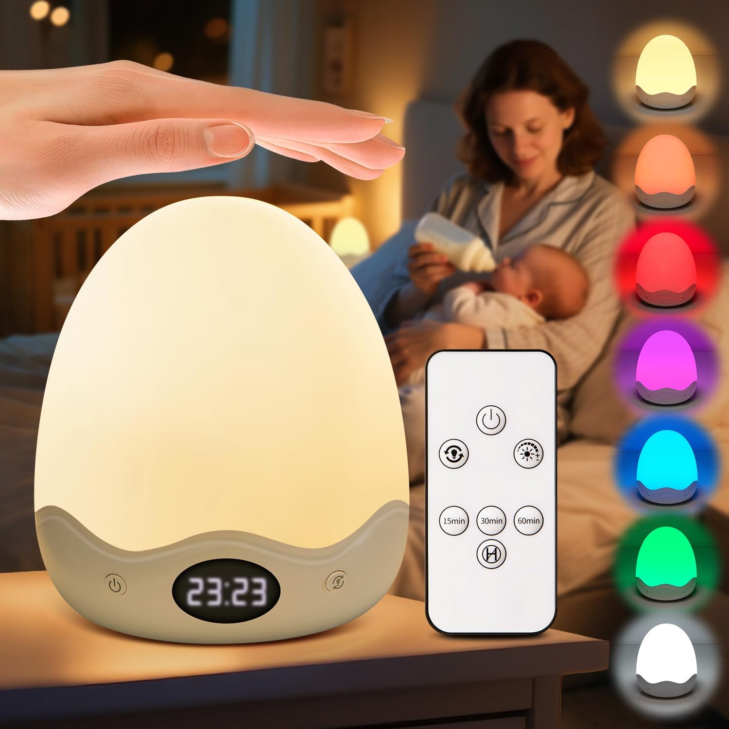 COOLNIGHT Nursery Night Light with Clock,10 Brightness+10 Colors Egg Light for Nursery,Touch+Remote+3600mAh Rechargeable Egg Night Light for Baby Nursery,Warm Light for Breastfeeding 1h Timer&Portable