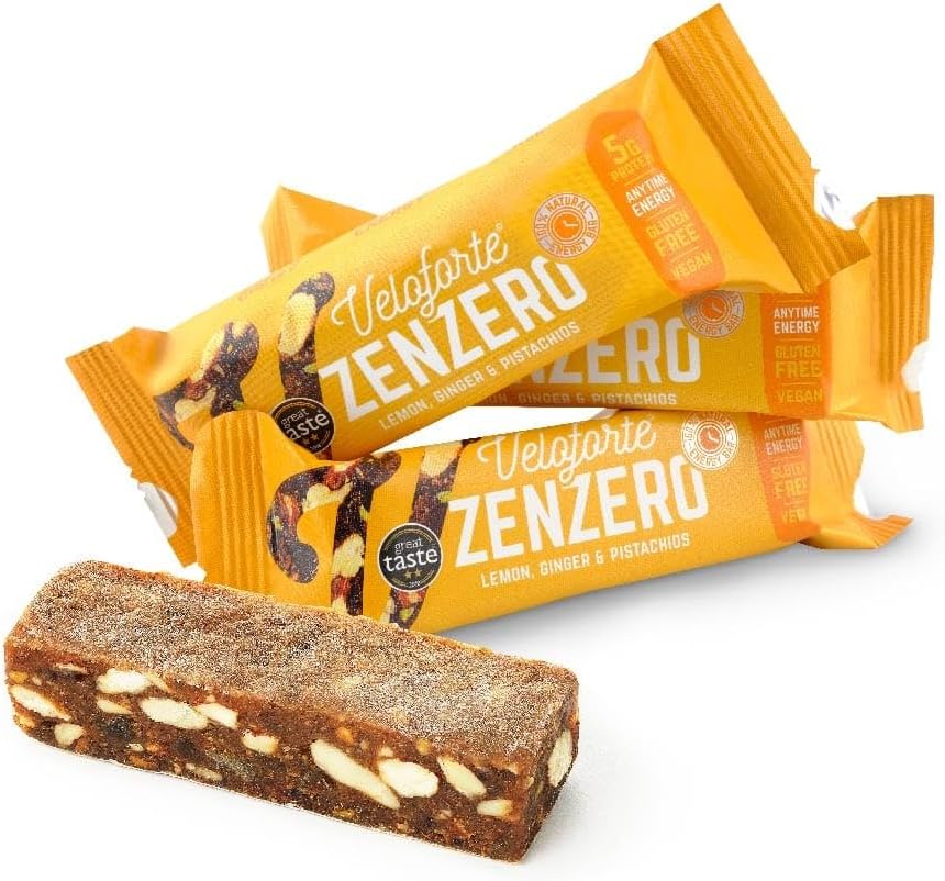 Zenzero Energy Bar - Lemon, Ginger and Pistachios - 24 count x 62g - 5gr plant protein, 37gr Carbs, Digestion calming Stem Ginger, Rich in Dual Carbohydrates, All Natural,Vegan,Gluten Free