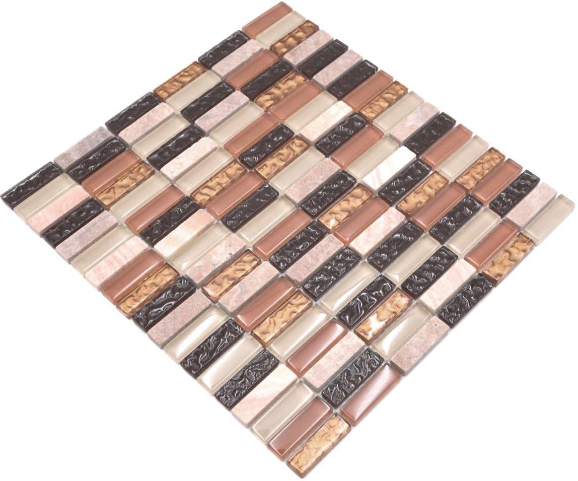 Piastrelle a mosaico in rete di mosaico, in cristallo, mix di pietre, beige/marrone, in vetro naturale, dimensioni: 15 x 50 x 8 mm, dimensioni foglio: 322 x 310 mm, 10 fogli