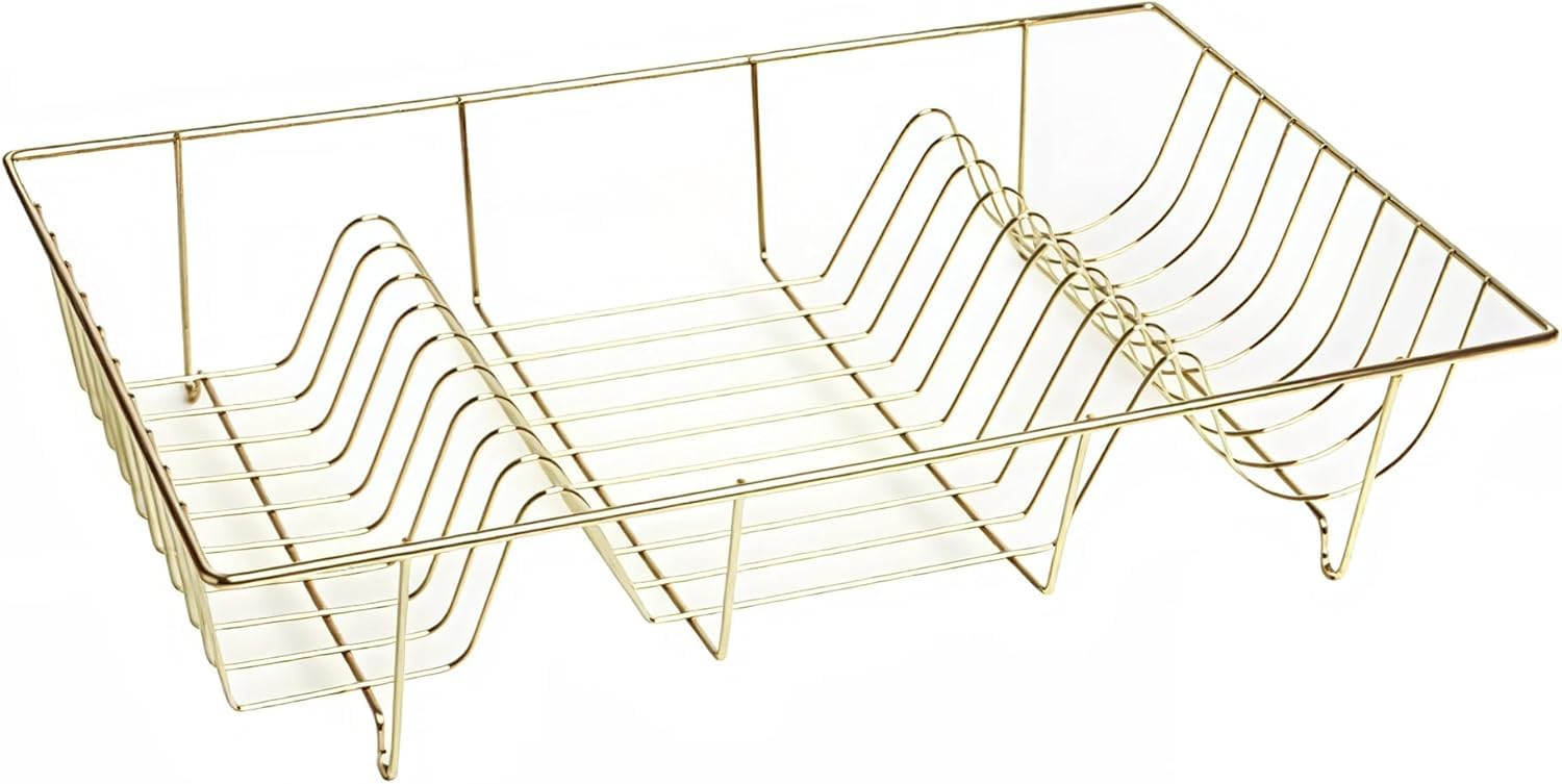 RHMM Stainless Steel Dish Drying Rack for Kitchen Large 18-Slot Anti-Rust Wire Dish Drainer for Plates, Bowls & Lids Durable Countertop Dish Rack Organizer (48.5 x 30 x 10cm) (Gold)