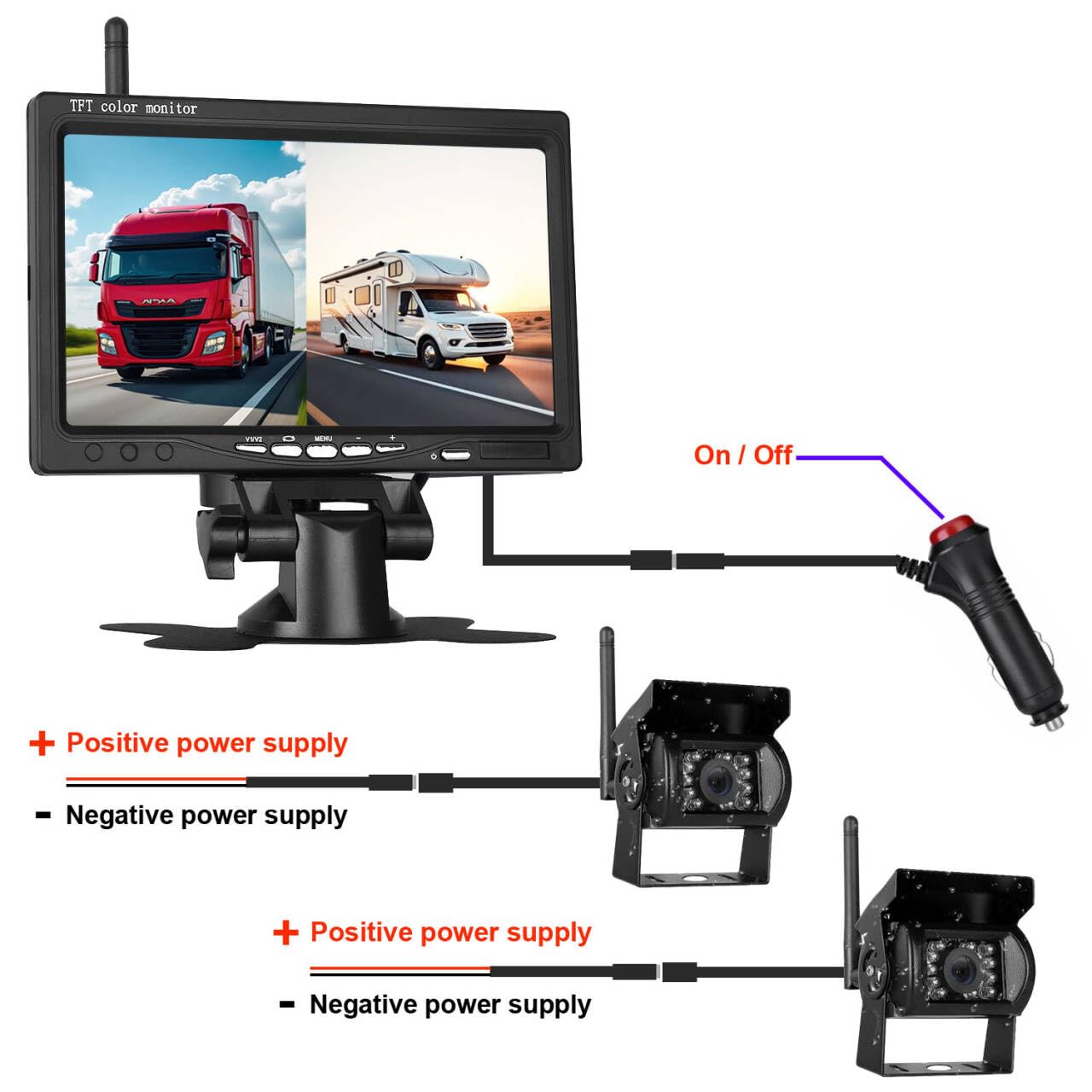 Système de caméra de recul numérique sans fil, écran divisé AHD de 7 pouces avec caméra de recul étanche IP69, vision nocturne infrarouge, double caméra de recul pour camion/remorque/camping-car/van