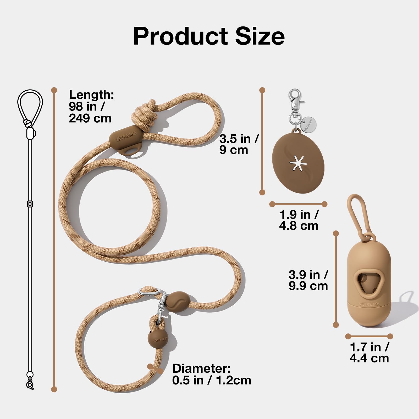 VETRESKA Laisse pour Chien Mains Libres, Laisse réglable 2,4 m pour Chiens Moyens à Grands, Bandoulière Taille (café)