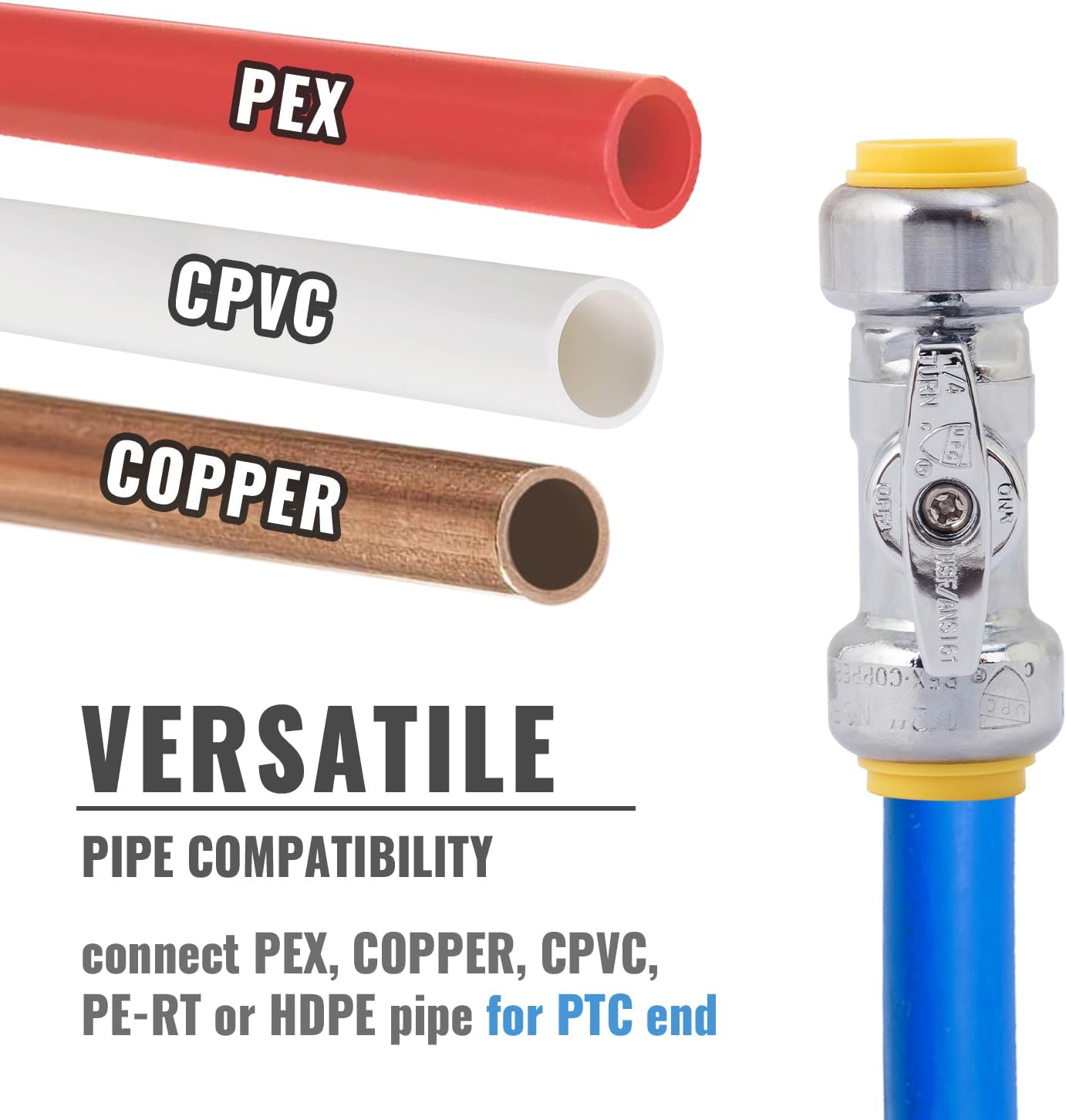 SUNGATOR 1/2 Inch Dual Pushfit Straight Stop Valve, 1/2 Inch Straight Stop Valve, No Lead Chrome Plated Brass Plumbing Fittings Push to Connect PEX, Copper, CPVC, With 1 Disconnect Clip, Pack of 3