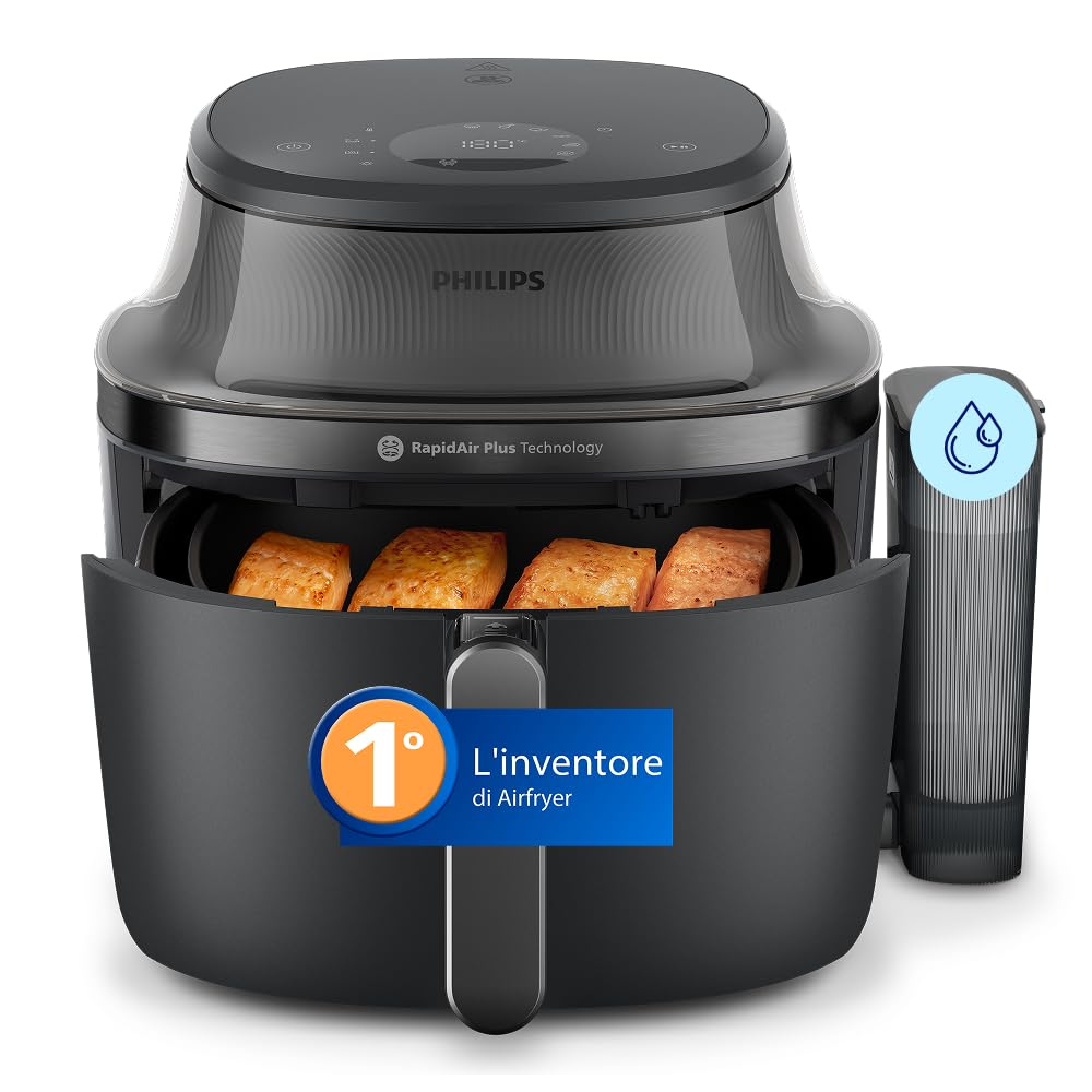 Philips Airfryer Serie 5000 con vapore: Frittura ad aria, cottura a vapore o combinata, 21 modalità, Capacità 7,2 L, Tec. RapidAir Plus, finestrella, Rivestimento ceramica, Auto SteamClean (NA540/00)