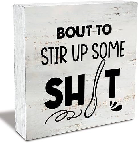 Cartel rústico para caja de madera con texto en inglés "Bout to Stir Up" (5 x 5 pulgadas)