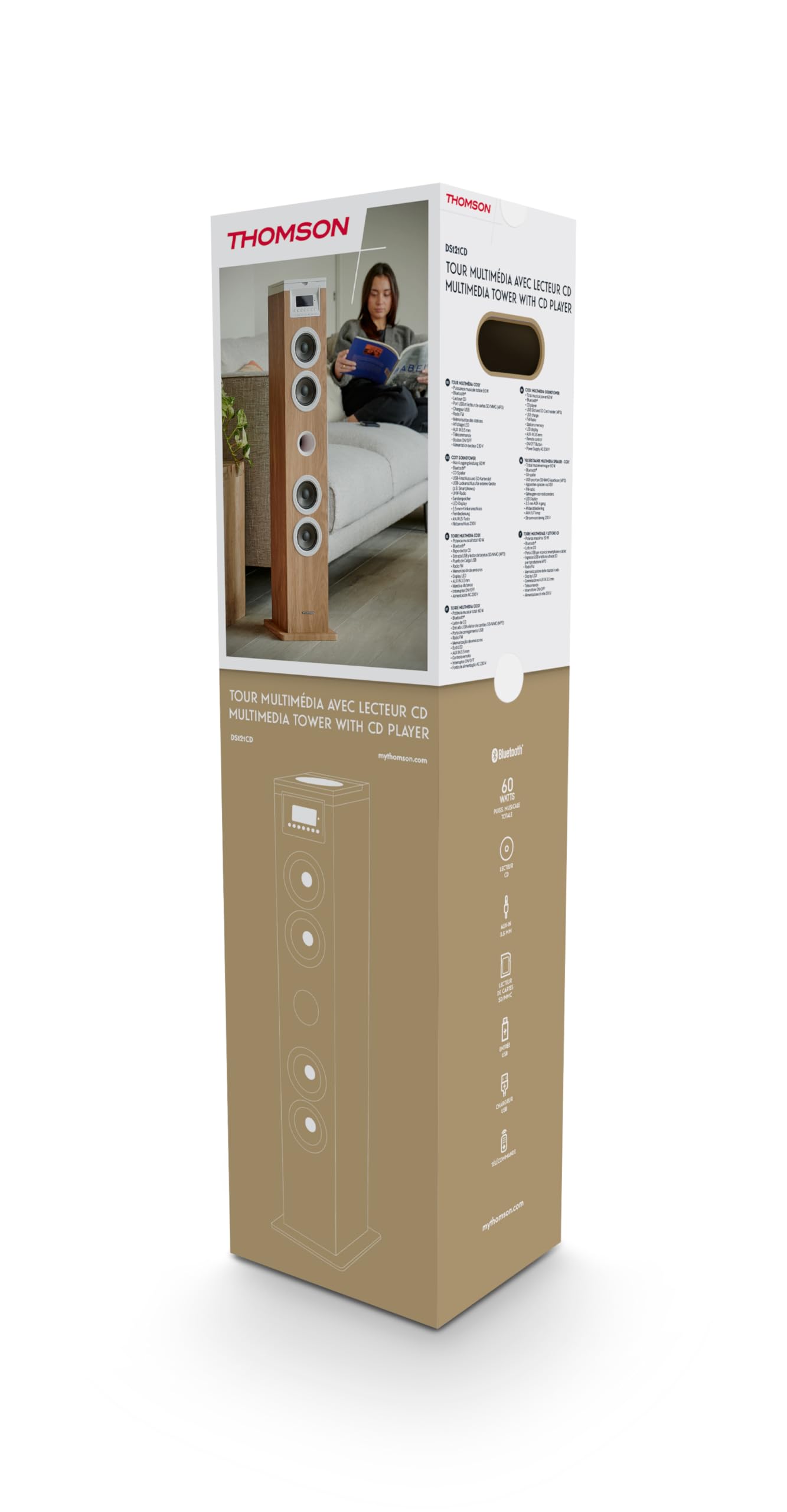 Tour haut-parleur - THOMSON - Blanc/Bois - Bluetooth/CD/USB/SD, 60W, Radio FM, Télécommande, Alim. 230V